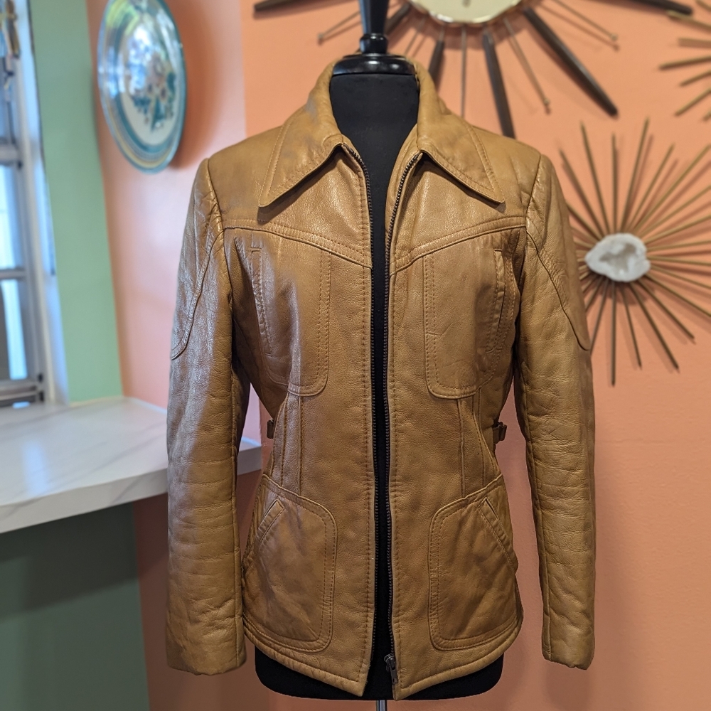 Vintage Tan Leather Zip Front Jacket - Picture 12 of 15